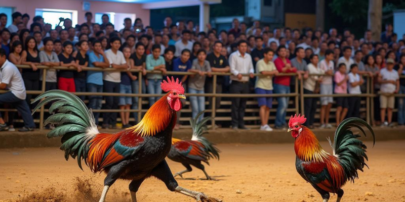 Hình ảnh trận đấu đá gà Campuchia kịch tính với những chiến kê dũng mãnh.