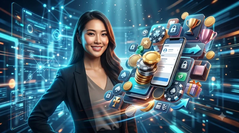 Checklist kiểm tra casino Hi88 trên điện thoại với kính lúp và biểu tượng an toàn