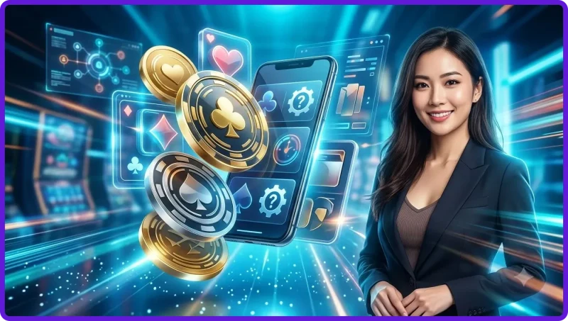 Checklist kiểm tra casino Hi88 trên điện thoại với kính lúp và biểu tượng an toàn